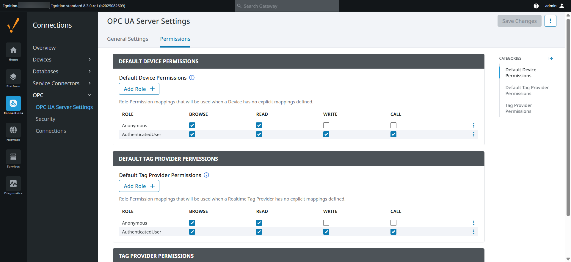 OPC UA server settings