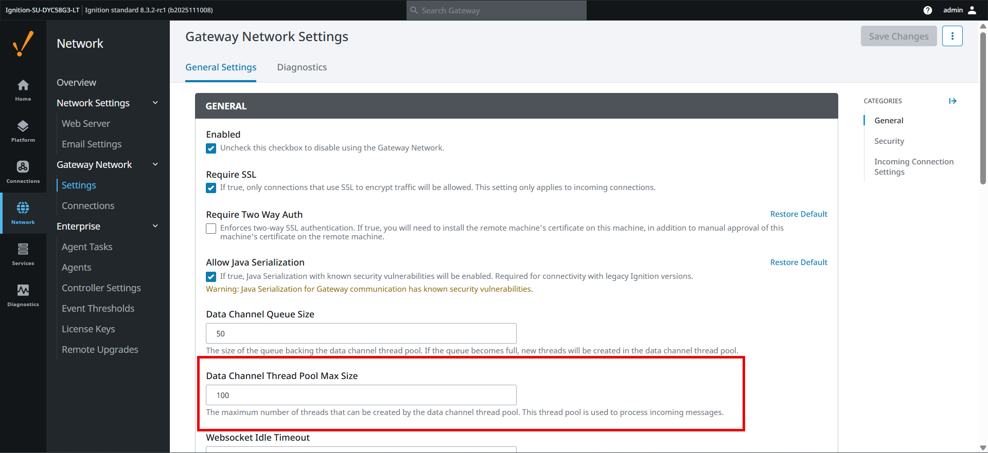 Data Channel Thread Pool Max Size setting