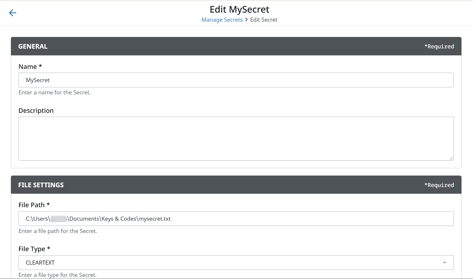 Edit MySecret page