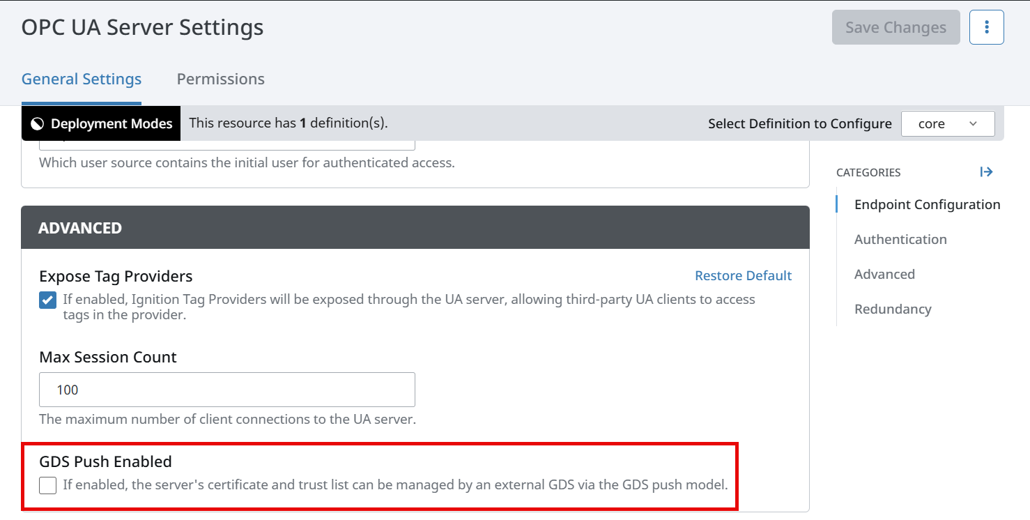 OPC UA Server Settings page